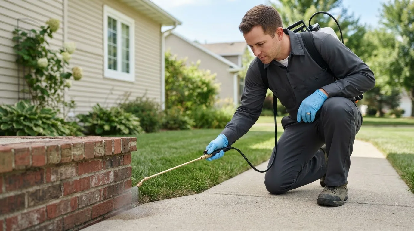 Pest control technician treating a home near Garden City, NY