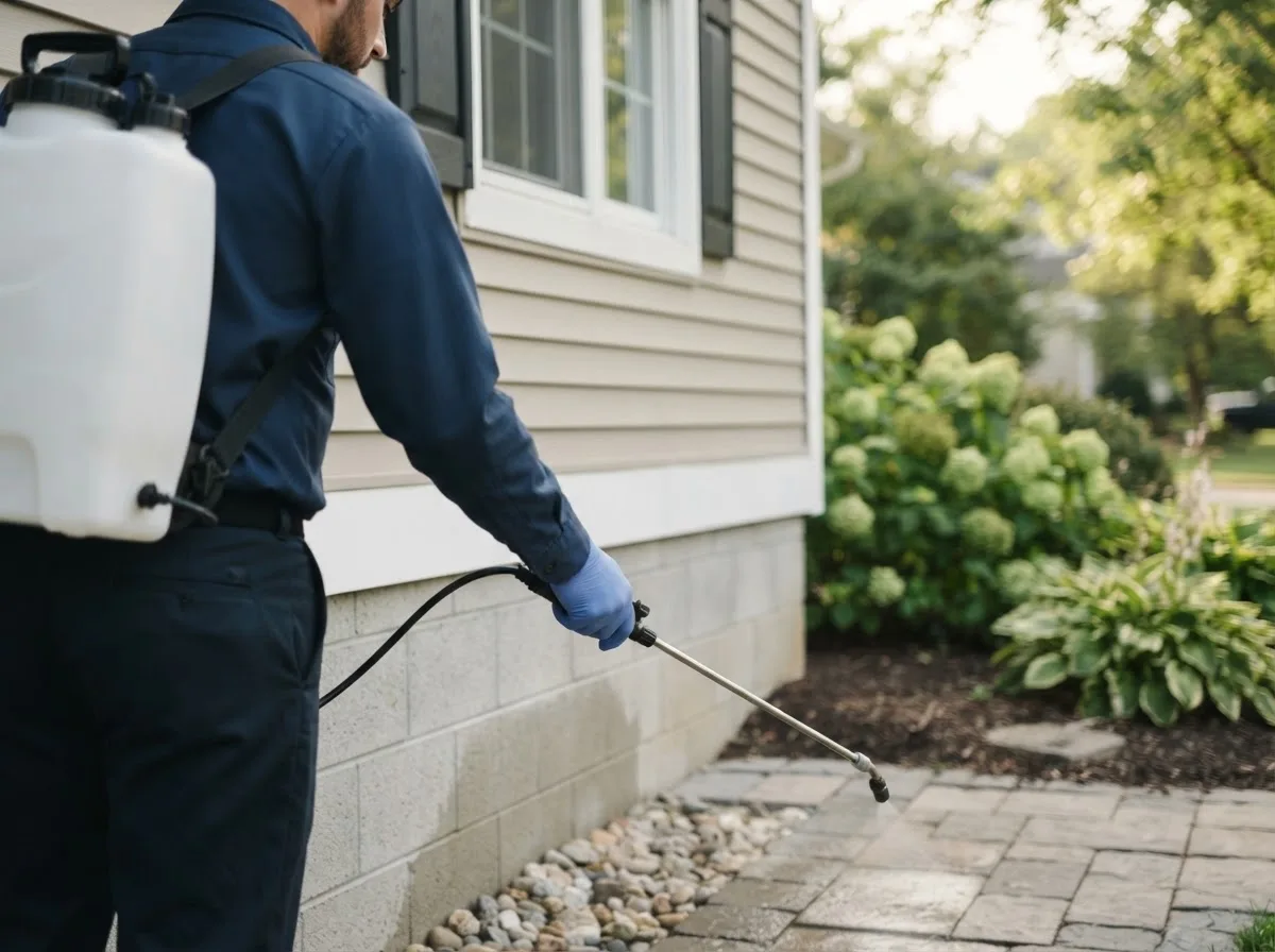 Pest control technician inspecting a home in Garden City, NY